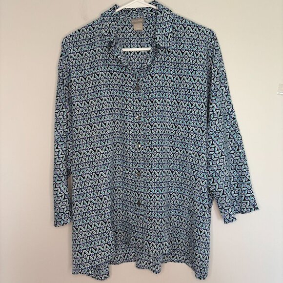 CHICO'S Button Up Blouse 0 XS Teal Blue Black Raglan Sleeve Collared Stretch - Picture 1 of 5